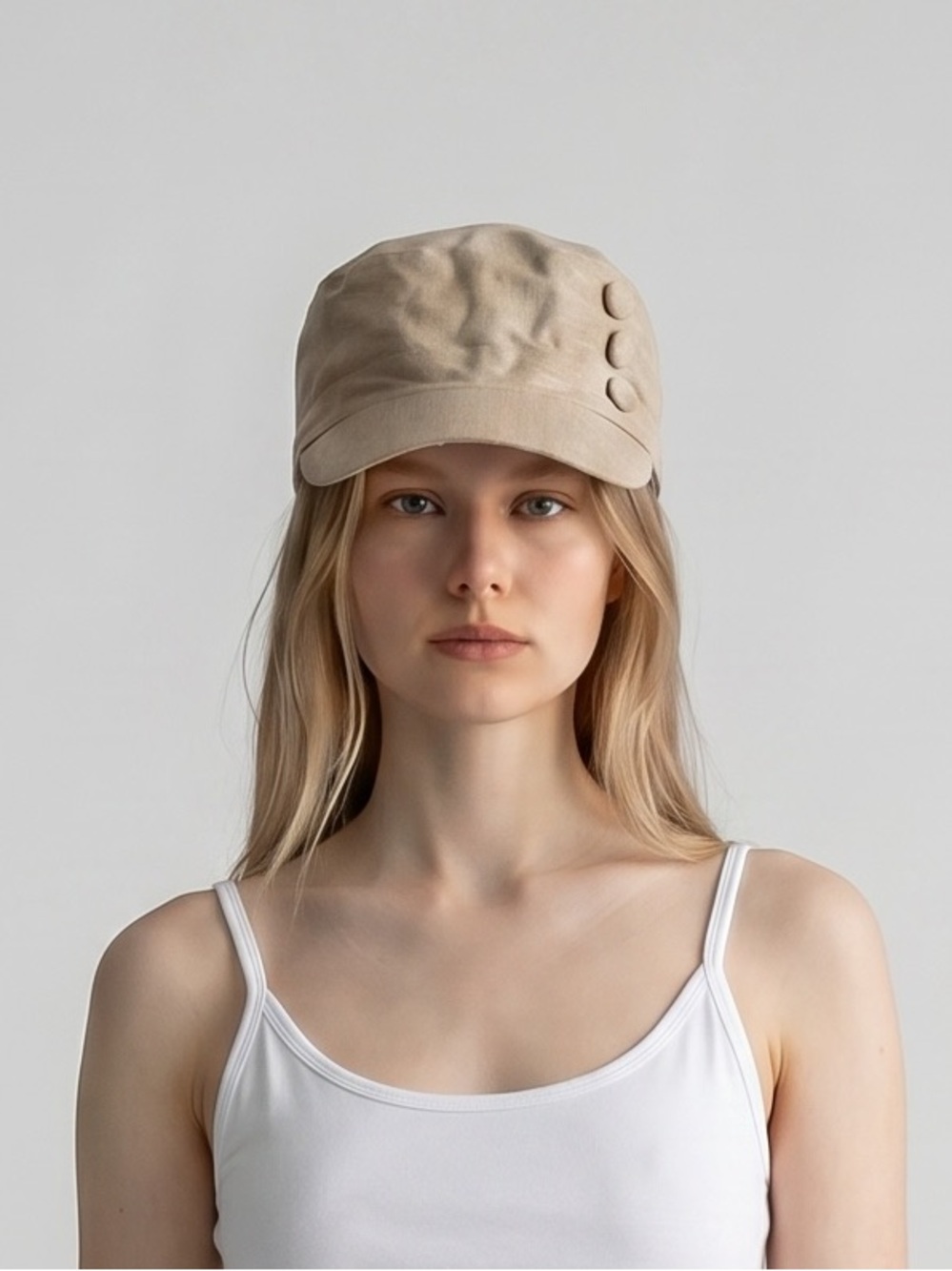 Linen Y2K style Beige Women's Button Accent Cap. Retro 2000s. Summer essentials